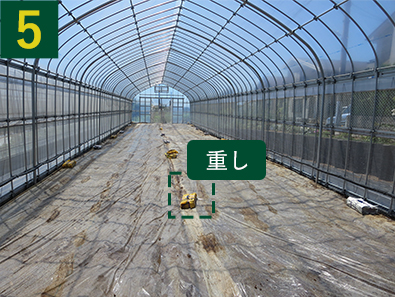 5.土中から水分が逃げないように透明のビニールを張り、密封状態で約30日おきます。※ビニールの端を重しなどで押さえて完成。