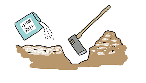 畑の準備　苦土石灰をまいて深く耕す