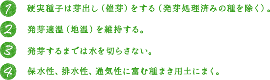 1.硬実種子は芽出し（催芽）をする（発芽処理済みの種を除く）。 2.発芽適温（地温）を維持する。 3.発芽するまでは水を切らさない。 4.保水性、排水性、通気性に富む種まき用土にまく。