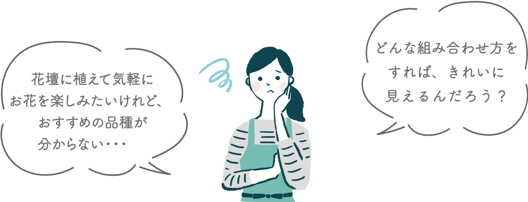 困り顔の女性のイラスト。「花壇に植えて気軽にお花を楽しみたいけれど、おすすめの品種が分からない…」「どんな組み合わせ方をすればきれいに見えるんだろう？」