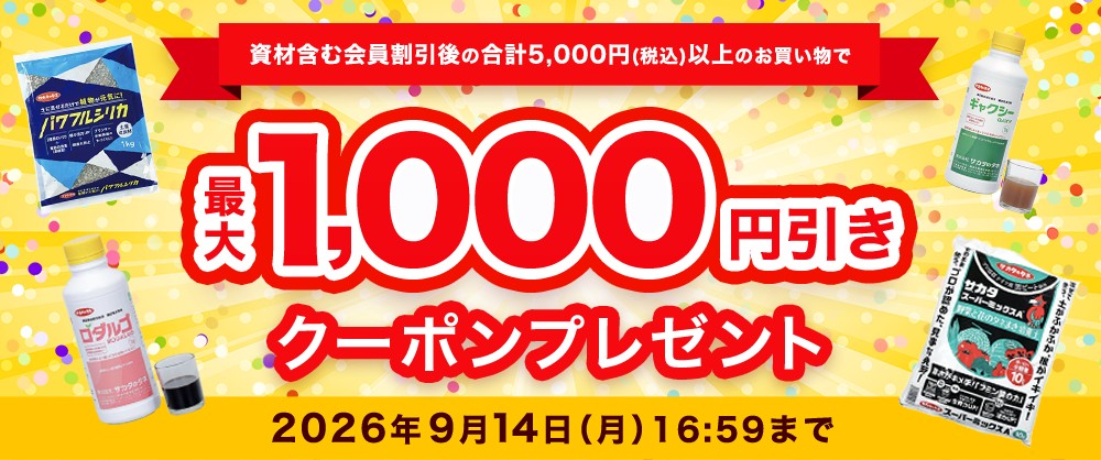 資材含む5,000円以上で、その場で使える最大1,000円引きクーポンプレゼント
