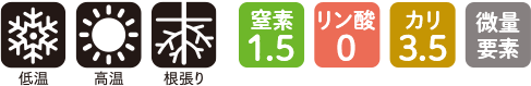 低温・高温・根張り・窒素1.5・リン酸0・カリ3.5・微量要素