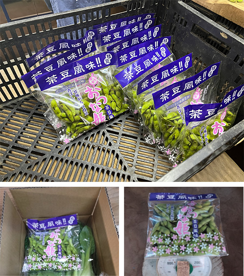 上の写真:専用のFG袋に詰めたおつな姫(R)をケースに並べている様子、左下の写真:野菜詰め合わせセットの箱詰めの様子、右下の写真:袋詰めしているおつな姫(R)を計量している様子