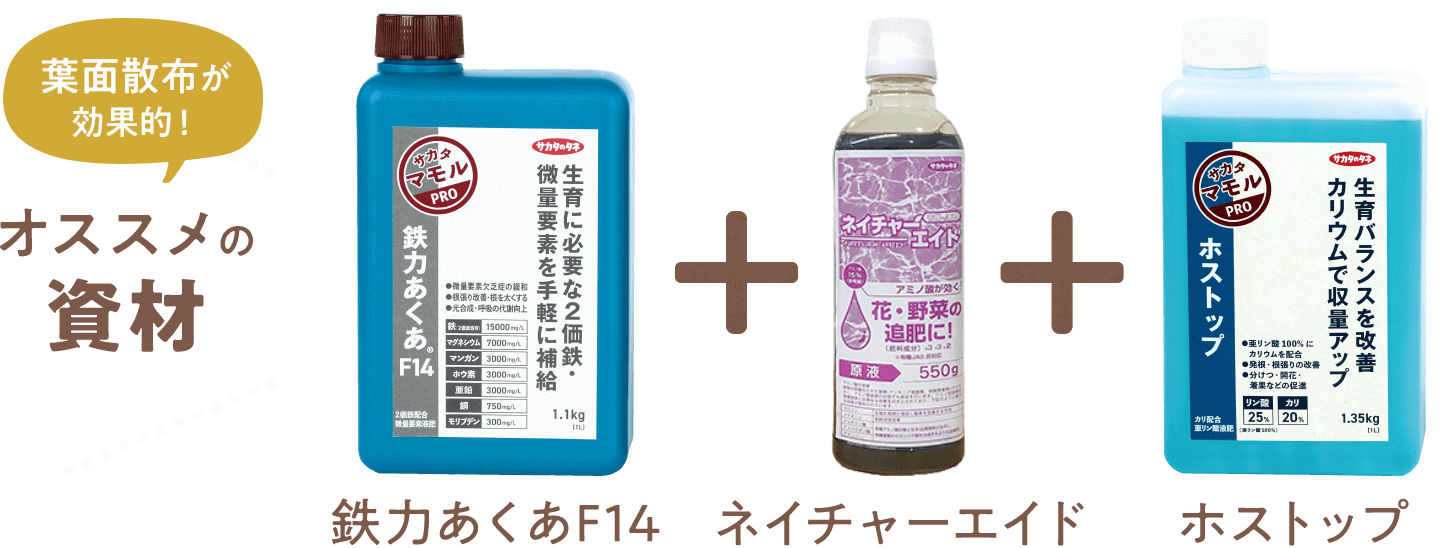 葉面散布が効果的!オススメの資材 鉄力あくあF14 ネイチャーエイド ホストップ